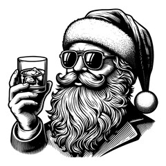 Wall Mural - Santa Claus in sunglasses, enjoying a whisky cocktail with a lemon slice and ice cubes sketch engraving generative ai PNG illustration. Scratch board imitation. Black and white image.