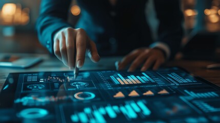Poster - business professional analyzing data trends on a tablet screen in a modern office environment during