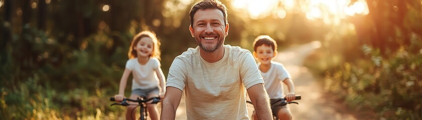 Photo realistic father and children biking in forest during holiday travel