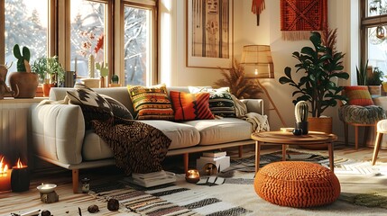 Sticker - A cozy boho interior mockup of a living room featuring eclectic decor, comfortable seating, and warm, inviting textures, captured in high-definition realism