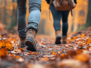 As two individuals stroll along a trail lined with vibrant autumn leaves, the tranquil atmosphere of the forest envelops them in a lovely fall day