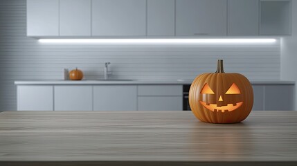 The kitchen table showcases a joyful Halloween pumpkin with a big smile, surrounded by vibrant autumn decor and a playful bunting banner in the background