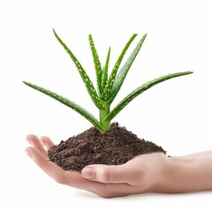 a 3D hand holding a small aloe vera plant with soil, young and growing, green leaves and brown soil, isolated on white background