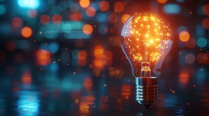 Poster - Illuminated light bulb glowing with intricate connections against a vibrant bokeh background at night