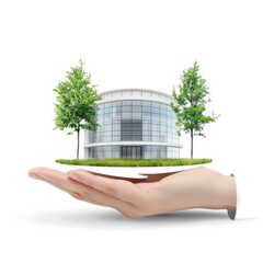 Wall Mural - a 3D hand with a modern educational building, innovative design, glass and concrete, isolated on white background