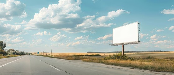 A clear highway scene featuring a blank billboard against a backdrop of vibrant clouds and open fields, ideal for advertising concepts.