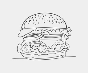 A detailed black and white drawing depicting a delicious hamburger placed on a clean white background, showcasing its exquisite features