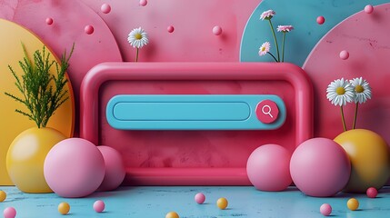 colorful search bar with flowers and spheres, for web design or social media.