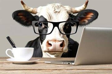 A funny cow wearing glasses, sitting at a table with a laptop and a cup. A humorous take on animal and technology interaction.