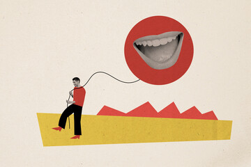 Poster - Composite artwork collage image picture of mini guy hold string balloon talking mouth isolated on creative background