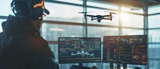 Poster - A drone operator monitors flight data on dual screens while controlling an advanced drone in a tech-savvy workspace.