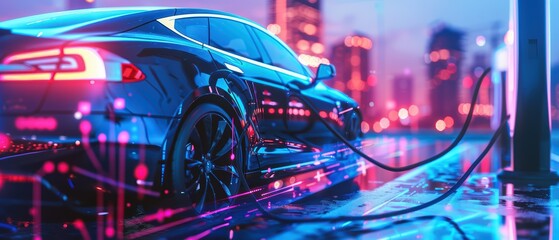 Wall Mural - A futuristic electric car charging at a neon-lit urban station, showcasing modern technology against a vibrant cityscape.