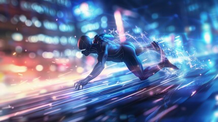 Wall Mural - A futuristic figure dashes through a vibrant cityscape, illuminated by neon lights, embodying speed and energy.