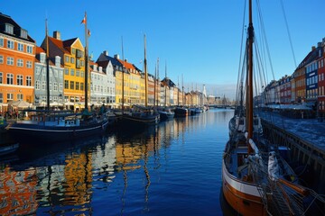 Denmark - Nyhavn, Copenhagen. Old Town Port and City Skyline View