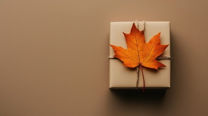 Sticker - Autumn Leaf Wrapped Gift Box on Neutral Brown Background