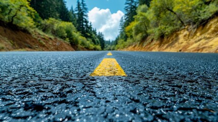 A clear stretch of road surrounded by vibrant trees under a bright blue sky on a sunny day