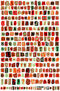Ransom Cut Out Torn Paper Collage Style Letters Notes. Collage Cutout Vector Criminal Blackmail Ransom Kidnapper Anonymous Note Font Alphabet. Latin English Letters, Numbers and punctuation marks.