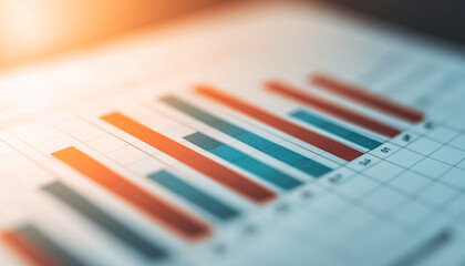 Poster - A close-up view of a colorful bar graph on a financial report, showcasing data trends and analysis in a modern workspace.