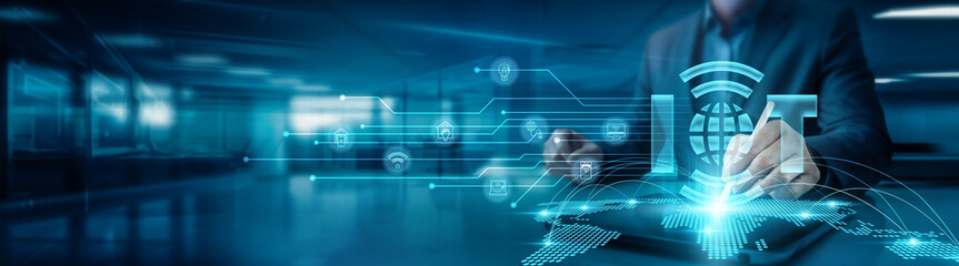 Poster - iot. businessman drawing global structure networking of the internet of things (iot) graph on office