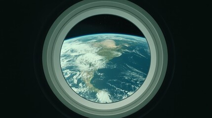 Stunning view of Earth from the space station's round window with vibrant horizon and starry background