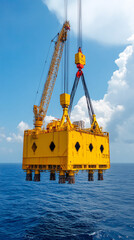 A vibrant offshore crane lifting a large yellow structure above the deep blue ocean under a partly cloudy sky.