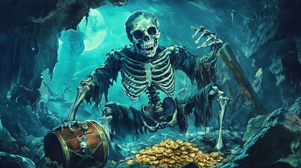 Wall Mural - Pirate skeleton, guarding cursed gold, moonlit cave, Watercolor style