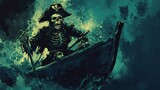 Skeleton pirate captain, steering through cursed waters, eerie glow, Watercolor style