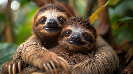 Two sloths cuddling in a tropical rainforest.