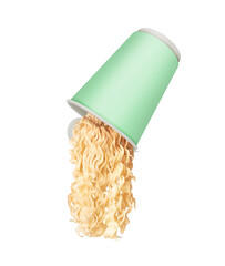 Wall Mural - Instant noodles fall out of a cardboard cup close up isolated on a white background