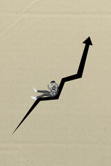 Poster - Vertical composite collage image picture of mini guy use laptop big arrow upwards isolated on creative background