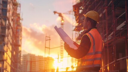 A construction worker working on a scaffold, with a city skyline in the background