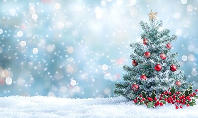 Snowy Christmas background with a decorated tree and colorful ornaments.