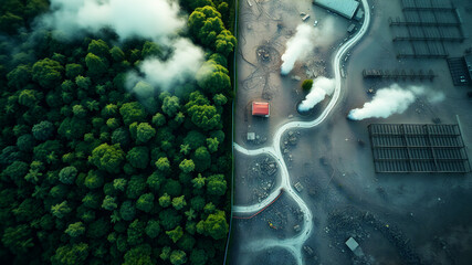 top view a contrast of two worlds: one side depicting a lush, green environment and the other a barr