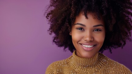 An Afro woman with natural curly hair, smiling softly