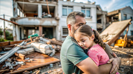 Wall Mural - Father and daughter hugging each other in front of a destroyed house.