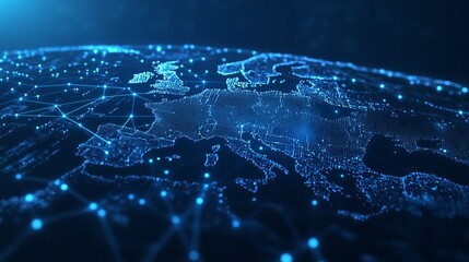 Poster - A digital representation of Europe showcasing a network of interconnected data points and technological innovation at night