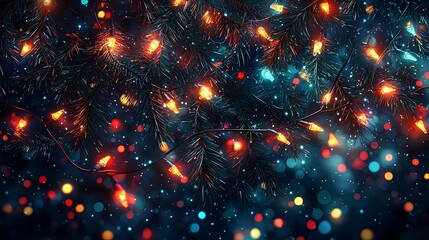 Wall Mural - A festive scene featuring twinkling Christmas lights on pine branches, creating a warm and enchanting holiday backdrop filled with glowing colors and cheerful atmosphere.