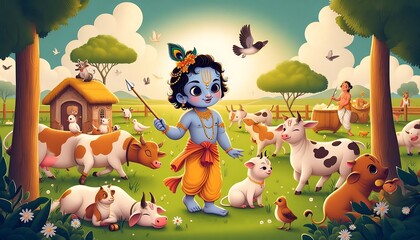 Poster - Lord Krishna with playing with little cows