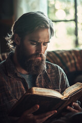 Wall Mural - young man reading holy scripture portrait close up Generative AI