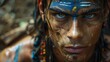 © Helois - Close-up portrait of a man with blue paint on his face, looking directly at the camera with an intense expression.