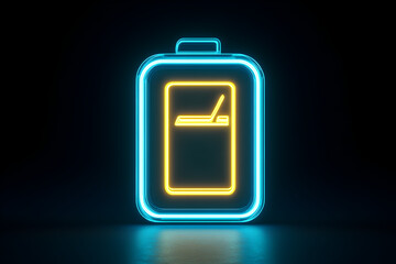 Wall Mural - Neon blue battery icon with yellow accents isolated on black background.