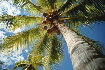 A view from the top of an unshorn coconut palm tree with coconuts, low angle