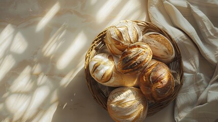 An assortment of artisanal breads in a wicker basket