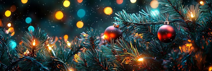 Wall Mural - This image showcases Christmas tree branches adorned with red baubles and glowing lights, set against a softly blurred background, capturing the holiday spirit.