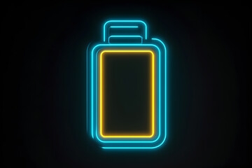 Wall Mural - Neon blue battery icon with yellow accents isolated on black background.