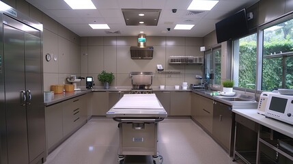 A modern kitchen equipped for culinary training in a well-organized facility, featuring stainless steel appliances and ample workspace