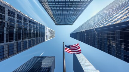 An American flag flying on a pole surrounded by tall modern skyscrapers