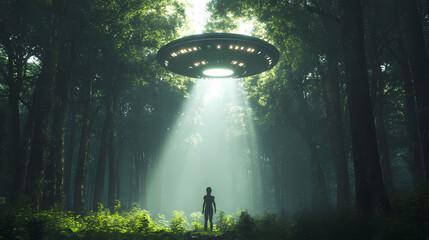 Abducted man by a flying saucer with a bright light ray in the forest - 3d rendering. Alien. Illustration