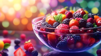 Juicy fresh berries in a bowl, glistening with freshness, vibrant colors, healthy and delicious.