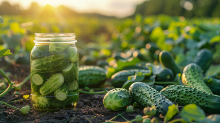 Wall Mural - Jar of pickles in a cucumber field at sunset.